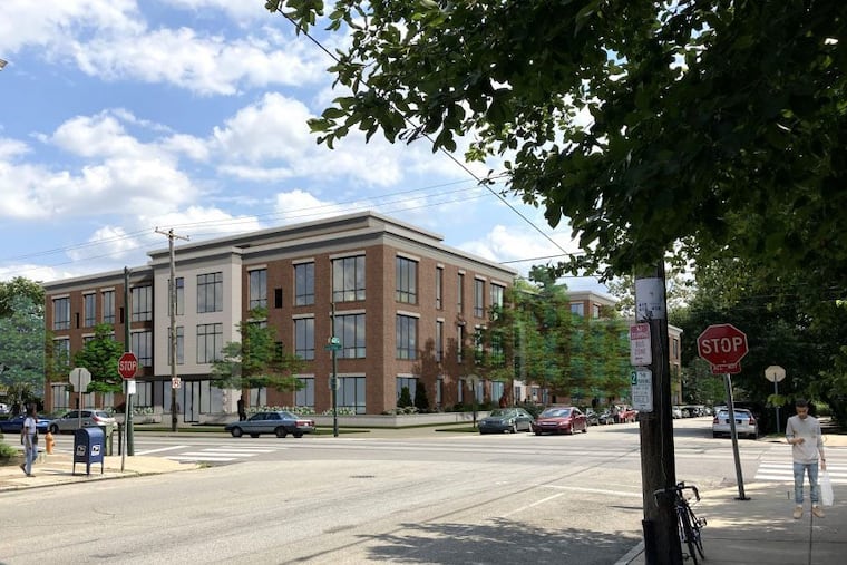 In response to neighborhood concerns, the developer of the proposed apartment building at 48th and Chester agreed to reduce the height to three stories. This rendering shows the building in the context of an existing apartment house.