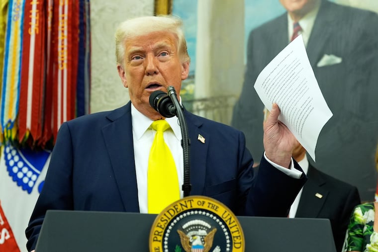 President Donald Trump discusses the case of Kilmar Abrego Garcia, who was deported to El Salvador in defiance of a court order, during a news conference in the Oval Office on April 18.