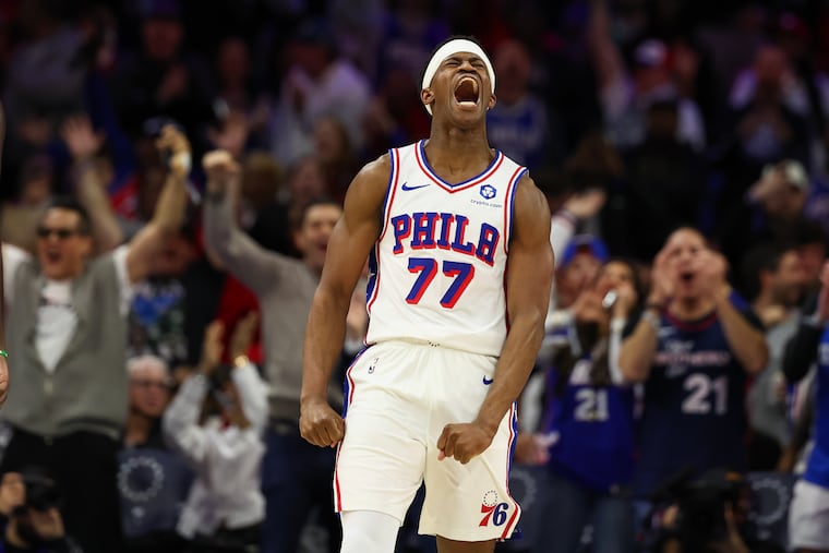 Sixers guard VJ Edgecombe celebrates a dunk during the third quarter of Game 6 in a first-round NBA playoffs basketball series, Thursday, April 30, 2026, in Philadelphia.
