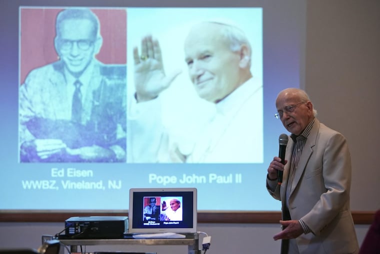 Octogenerian and former journalist Ed Eisen talks about his career to an audience at Congregation Beth El in Yardley.