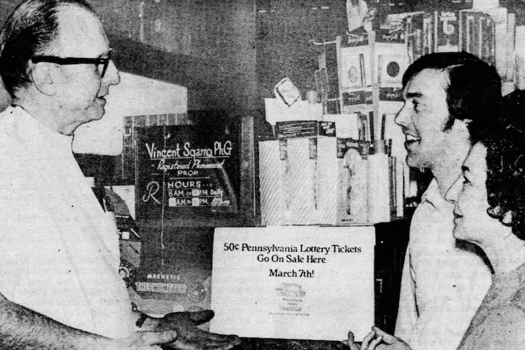 Sheraton Hotel druggist Arthur Filderman tells Bill Fry and Mrs. G. Caauwe that lottery tickets are gone in March 1972.