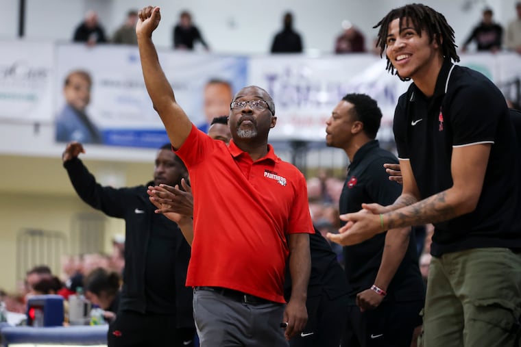 Imhotep head coach Andre Noble reacts during the second half of the PIAA 5A state semifinals against Archbishop Ryan at Bensalem High School on March 18.