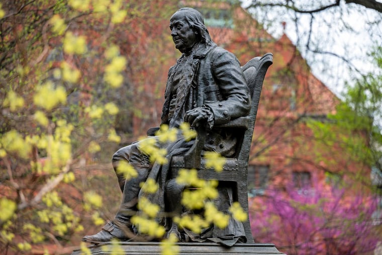 A statue of Benjamin Franklin on the campus of the University of Pennsylvania in April.
