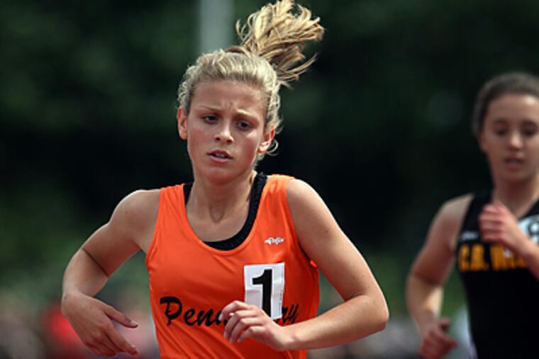 Pennsbury's Sara Sargent finishes first in the Girls 3200 Meter AAA final at the District 1 Championships at Coatesville High School. (Laurence Kesterson / Staff
Photographer)