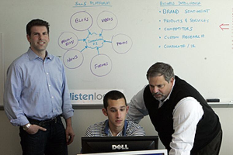 At the offices of ListenLogic L.L.C., a Fort Washington technology company, Mark Langsfeil (left), founder and CRO, and Vincent J. Schiavone, executive chairman (right), work with analyst Joe Schurr. This spring, Mid-Atlantic Angel Group agreed to invest in the firm. Schiavone said investors now were setting the bar higher than in the past. “What it means to me, I need to carry my companies further before I go out looking for money,” he said.
