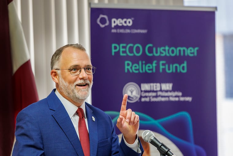 PECO CEO David Vahos speaks at press conference in Norristown in July, announcing a new customer relief fund. The Villanova graduate became PECO's CEO in June.