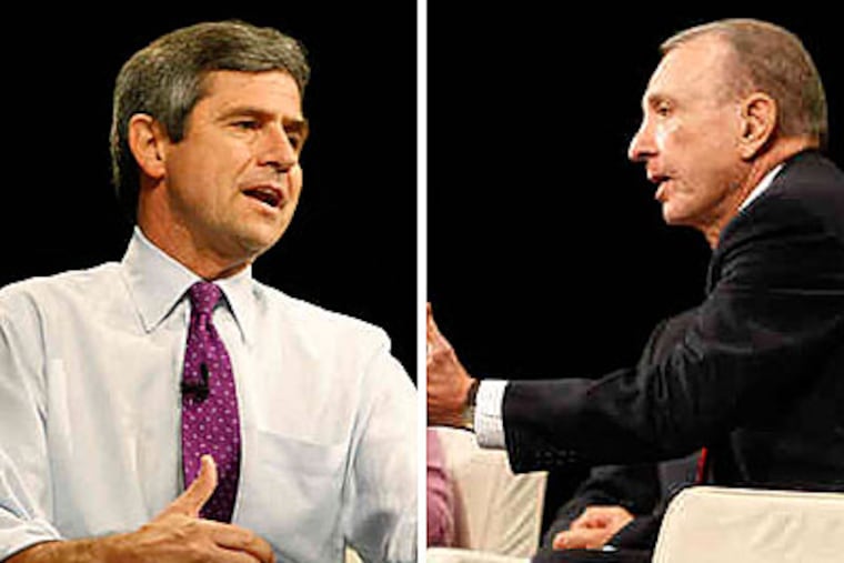 Joe Sestak (left) and Arlen Specter sparred in front of an audience of liberal bloggers in Pittsburgh. (AP Photos)