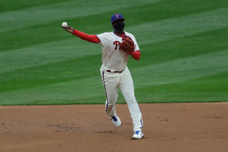 Phillies shortstop Didi Gregorius throws to first base against the St. Louis Cardinals on April 17.