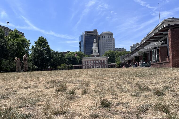 A view of the browned lawn in front on Independence Hall on June 20. It has been abnormally dry in the Philadelphia region during the heat wave and the forecast calls for little immediate relief.