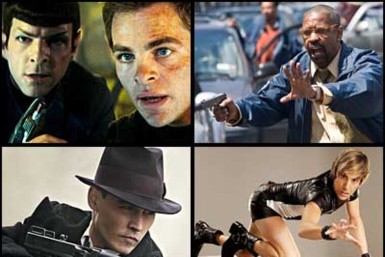 Clockwise from top left: Zachary Quinto as Spock and Chris Pine as Kirk in "Star Trek," Denzel Washington in "The Taking of Pelham 1 2 3," Sacha Baron Cohen as "Bruno," and Johnny Depp in "Public Enemies."