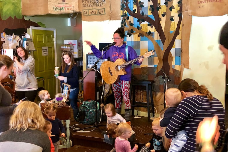 Musician Sara O'Brien performs Tuesday mornings for toddlers and their parents at the Treehouse Coffee Shop and Cafe in Audubon.
