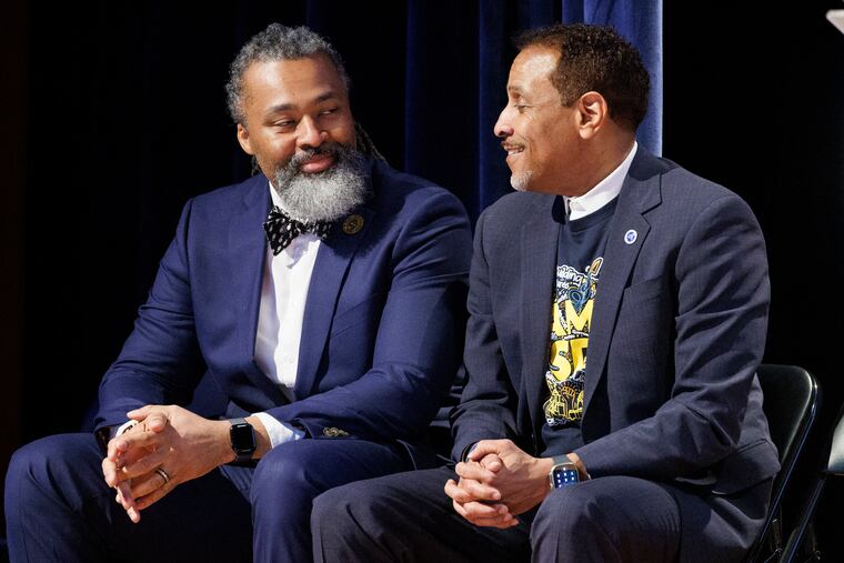 From left are Reginald L. Streater, president of the school board, and Superintendent Tony B. Watlington at the start of the State of the Schools address on Jan. 30, 2025.
