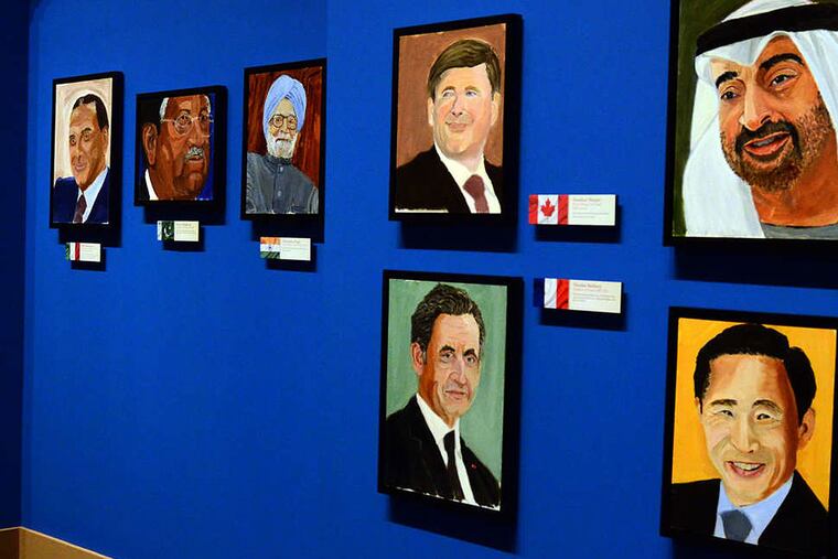 Portraits of world leaders which are part of the exhibit "The Art of Leadership: A President's Diplomacy," are on display at the George W. Bush Presidential Library and Museum in Dallas, Friday, April 4, 2014. The exhibit of portraits painted by former President George W. Bush opens Saturday and runs through June 3. (AP Photo/Benny Snyder)
