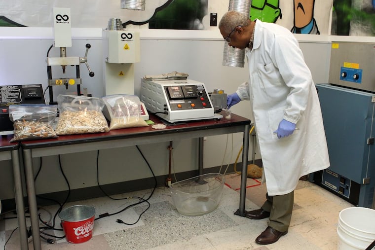 Ernel “Ernie” Simpson, PhD explains how cigarette butts can now be recycled at TerraCycle, a recycling company in Trenton, NJ, March 29, 2018.