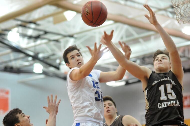 Eric Esposito (center), shown here as a high school player at Conwell-Eagn, was the star for Holy Family University on Saturday.