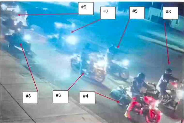 Erik Dixon (#3) and Luke Higgins (#4) were among a group of Pagans bikers who encountered members of a rival motorcycle club outside of a Wawa last fall, according to prosecutors.