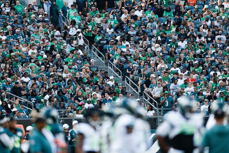 Fans watch the Eagles open practice at Lincoln Financial Field on Sunday, August 10, 2025.