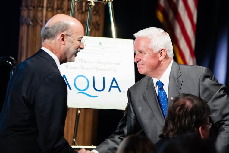 Democratic candidate for Pennsylvania Governor Tom Wolf and current governor Tom Corbett meet Wednesday evening at the 44th Environmental Partnership Dinner in Philadelphia. Both outlined their environmental agendas for state government. Wednesday, June 11, 2014, Philadelphia, Pennsylvania. ( AP Photo / The Philadelphia Inquirer, Matthew Hall )