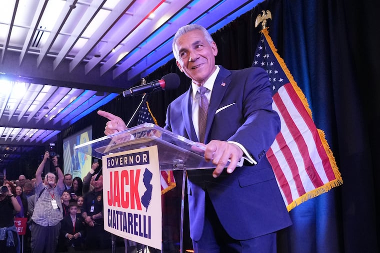 Jack Ciattarelli speaks during his N.J. gubernatorial primary election night party at Bell Works in Holmdel, Monmouth County, in June.