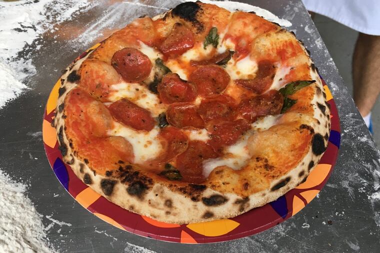 Pepperoni pizza hot from the oven at Mike Fitzick’s pop-up in Margate, N.J., on Sept. 2, 2017.