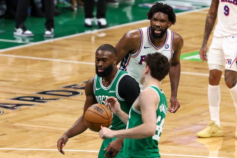 The Sixers' Joel Embiid is fired up after scoring in the third quarter of Game 7 at TD Garden Saturday, May 2, 2026, in Boston.