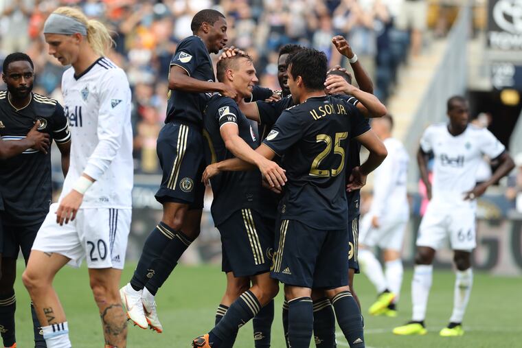 Borek Dockal (center) scored two goals in the Philadelphia Union's 4-0 win over the Vancouver Whitecaps.
