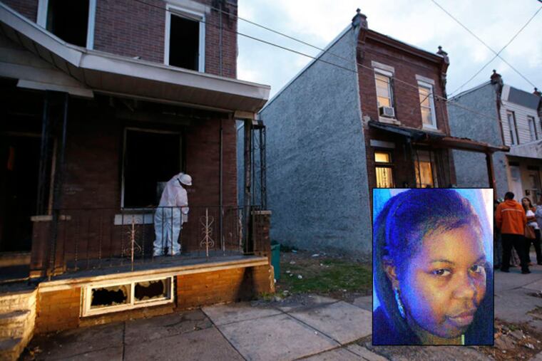 Workers from the Department of Licenses and Inspections board up the Spence family's Nicetown house on Friday. A fire broke out shortly after Beatrice Spence, 24 (inset), was run down in front of the home, police say, allegedly by a romantic rival.