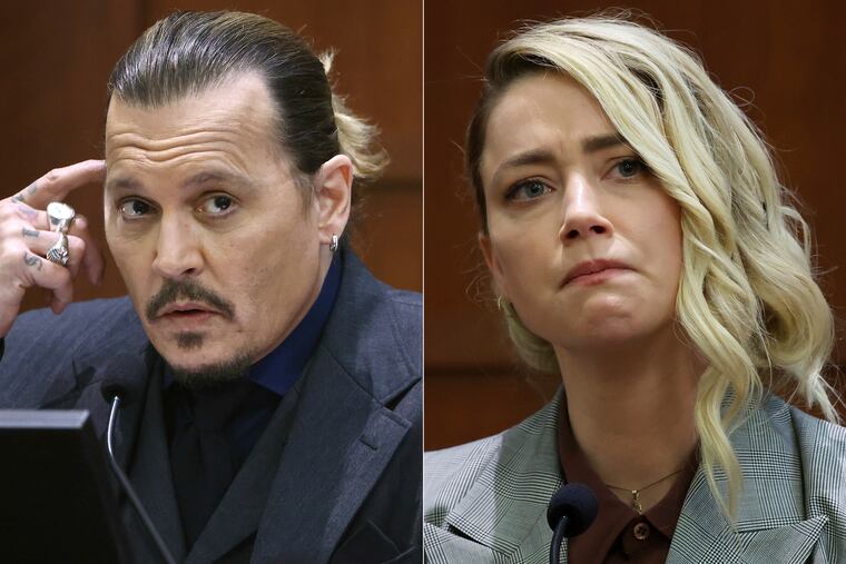 This combination of photos shows actor Johnny Depp testifying at the Fairfax County Circuit Court in Fairfax, Va., on April 21, 2022, left, and actor Amber Heard testifying in the same courtroom on May 26, 2022.