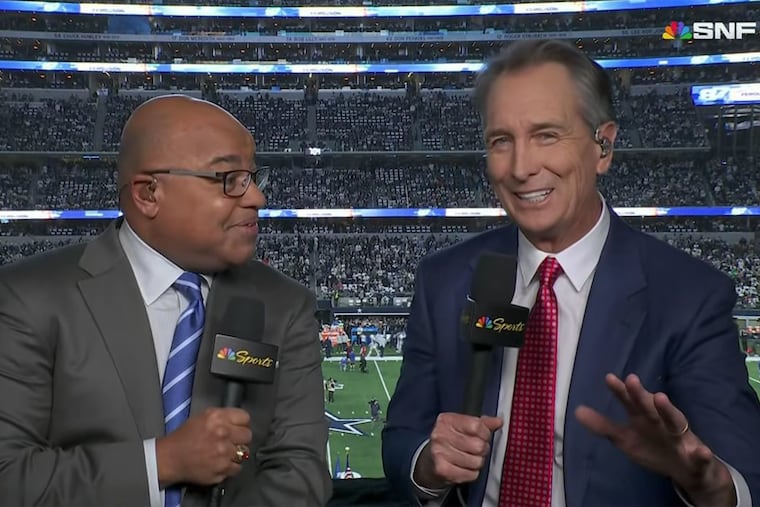 NBC 'Sunday Night Football' announcers Mike Tirico (left) and Cris Collinsworth will call Saturday night's game exclusively on Peacock.