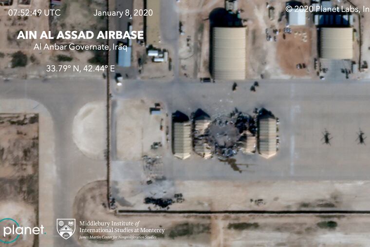 This satellite image provided by Middlebury Institute of International Studies and Planet Labs Inc. shows the damage caused from an Iranian missile strike at the Ain al-Asad air base in Iraq.