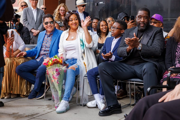 From left are Pablo Batista, Lady B waving and far right, Adam Blackstone. All three were honored at the Philadelphia Music Alliance, Walk of Fame Dedication ceremony in front of Kimmel Center, Wednesday, May 13, 2026.