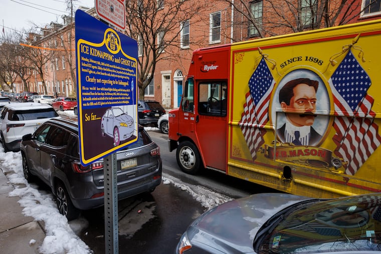 An artist erected a mock Pennsylvania historical marker to commemorate "ICE Kidnapping and Ghost Car" on the south side of Fairmount Avenue at N. 5th Street in Philadelphia. A "ghost car" is the name for cars left behind after ICE has arrested the driver and taken that person into custody.