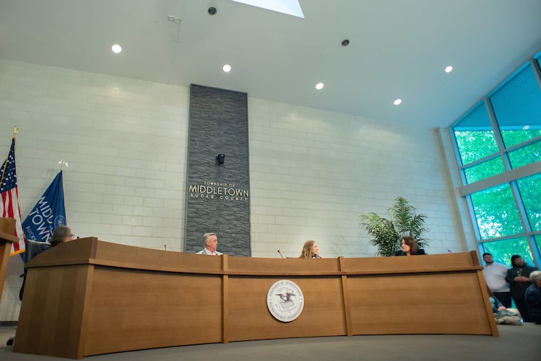 Democrats Bob Harvie and Lucia Simonelli, who are vying to face formidable U.S. Rep. Brian Fitzpatrick (R., Bucks) in the fall, participate in a candidate forum hosted by the League of Women Voters Monday, April 27, 2026 at Middletown Township Building in Langhorne, Pennsylvania.