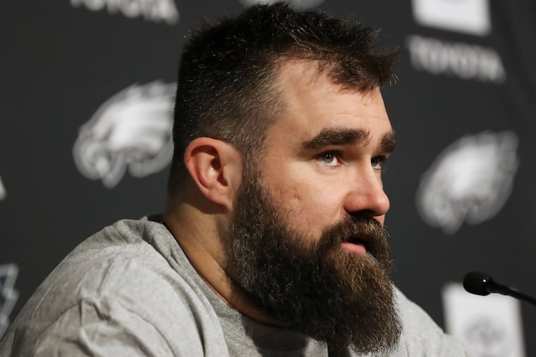 Jason Kelce speaks at a press conference at the Eagles’ NovaCare Complex in Philadelphia.