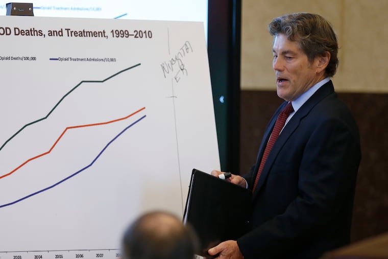 Defense attorney Larry Ottaway speaks during opening arguments Tuesday, May 28, 2019, in Norman, Okla., as the nation's first state trial against drugmakers blamed for contributing to the opioid crisis began in Oklahoma.