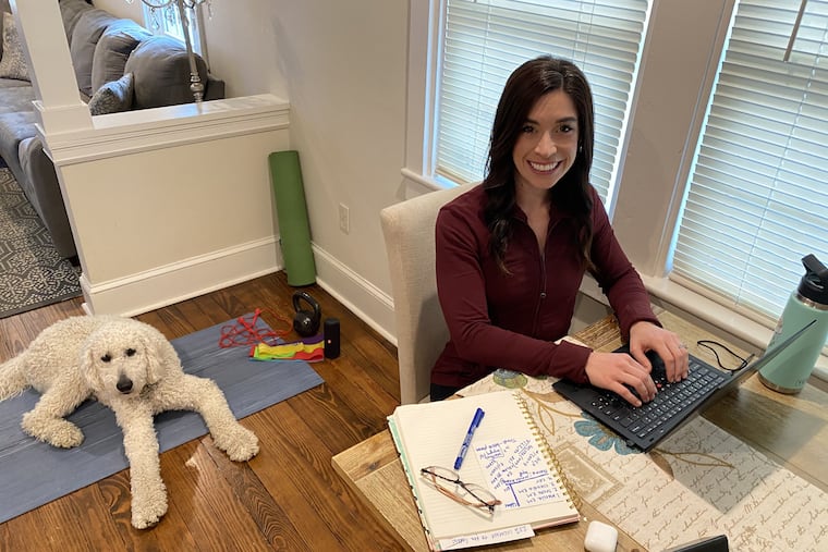 Kimberly Sargent DellaFranco and JoJo in Kim's dining room/office/home gym.