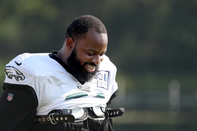The Eagles’ Fletcher Cox was on the field Tuesday with his pads on, but he still hasn't been cleared to play.