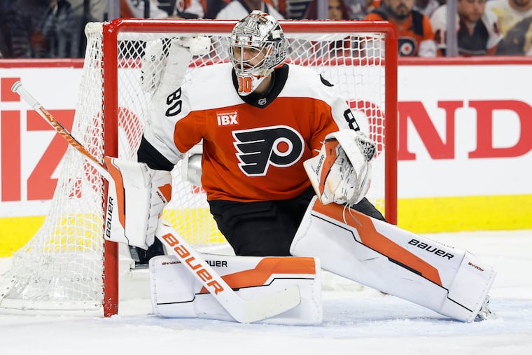 Flyers goaltender Dan Vladař against the Carolina Hurricanes in Game 4 of the Eastern Conference second round Stanley Cup playoffs on Saturday, May 9, 2026 in Philadelphia.