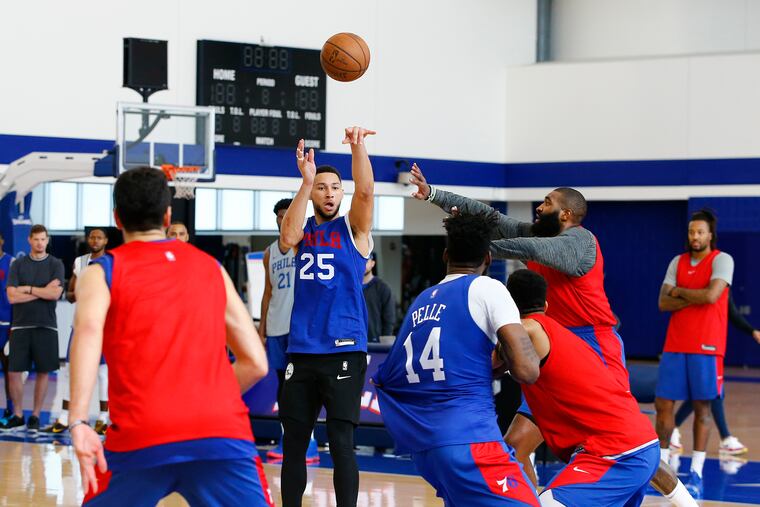 Sixers guard Ben Simmons shoots the basketball during practice at the 76ers training complex in Camden on Thursday, October 10, 2019.