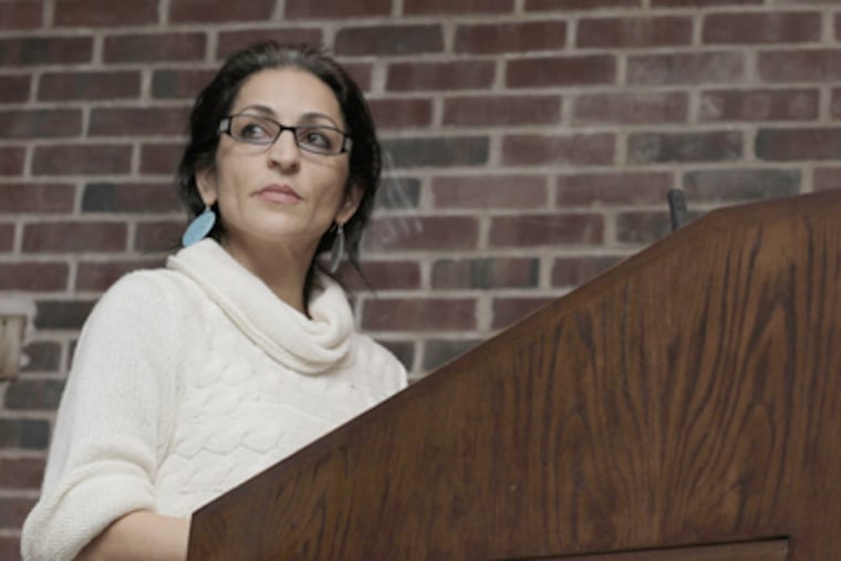 Susan Abulhawa gives the opening address Saturday at the national conference of Boycott, Divestment, and Sanctions at the University of Pennsylvania. (Michael S. Wirtz / Staff Photographer)
