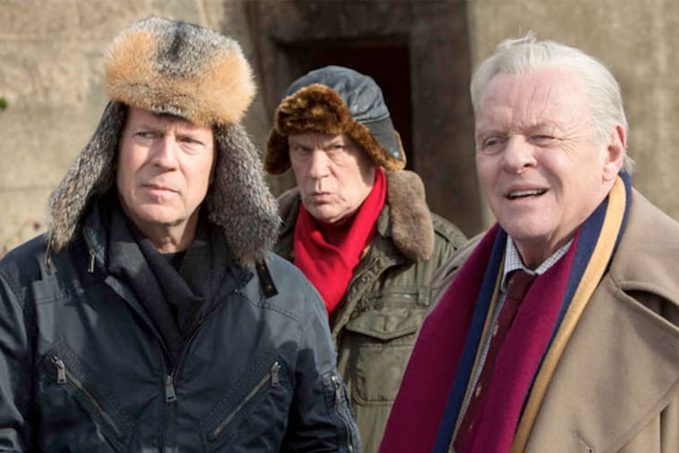 Bruce Willis (left) and John Malkovich (center) return to fight more bad guys, and Anthony Hopkins joins the cast as a bomb maker.