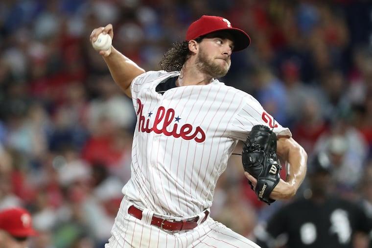 Aaron Nola of the Phillies pitches against the White Sox at Citizens Bank Park on Aug. 3, 2019.
