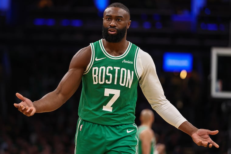 Celtics guard Jaylen Brown reacts to a foul called against him during the second quarter in Game 2.