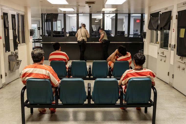 Immigrants detained at the Laramie County Sheriff’s Department in Cheyenne, Wyo., where local authorities have a law enforcement cooperation agreement with the federal government, May 12, 2026. A review by The New York Times of 18 states targeted by the Trump administration for their “sanctuary” policies found that all cooperate significantly with immigration authorities in cases involving violent crimes.