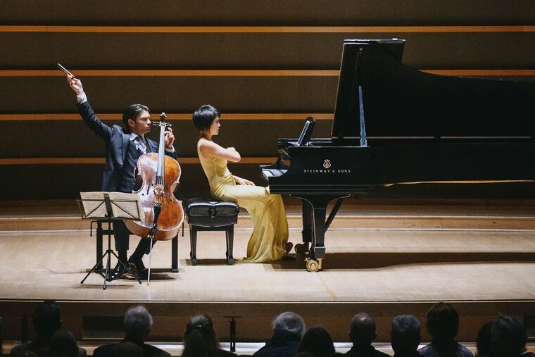 Cellist Gautier Capucon and pianist Yuja Wang Monday night in the Perelman Theater