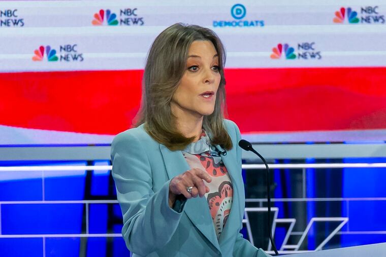 Democratic presidential candidate Marianne Williamson speaks during the second night of the first Democratic presidential debate on Thursday, June 27, 2019, at the Arsht Center for the Performing Arts in Miami.
