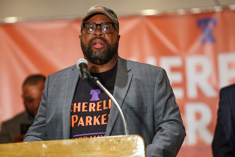 Ryan Boyer was one of the first people to speak at Cherelle Parker’s election night party at the Sheet Metal Workers Local 19 on Tuesday.
