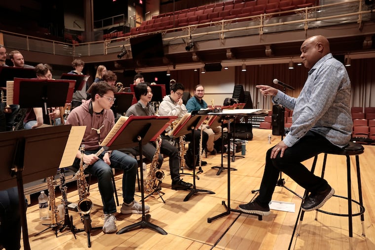 Temple’s director of jazz studies, Terell Stafford, leads a Temple Jazz Band rehearsal at Temple’s Performing Arts Center in Philadelphia on Tuesday, Feb. 10, 2026.
