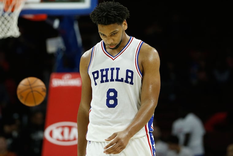 Philadelphia 76ers' Jahlil Okafor in action during an NBA preseason
basketball game against the Cleveland Cavaliers, Thursday, Oct. 8,
2015, in Philadelphia.