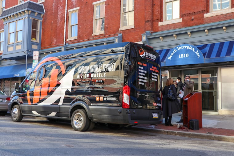 West Philadelphia's Enterprise Center provides the Biz on Wheels Curbside Business Services truck, which visits local business owners to provide resources.
